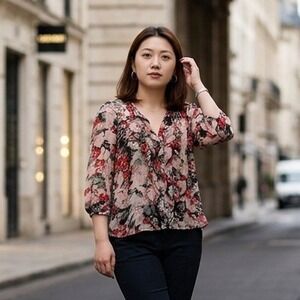 Joie 100% Silk XXS Floral Ruffle V-Neck Blouse 3/4 Sleeve Red Pink 3849-T5967